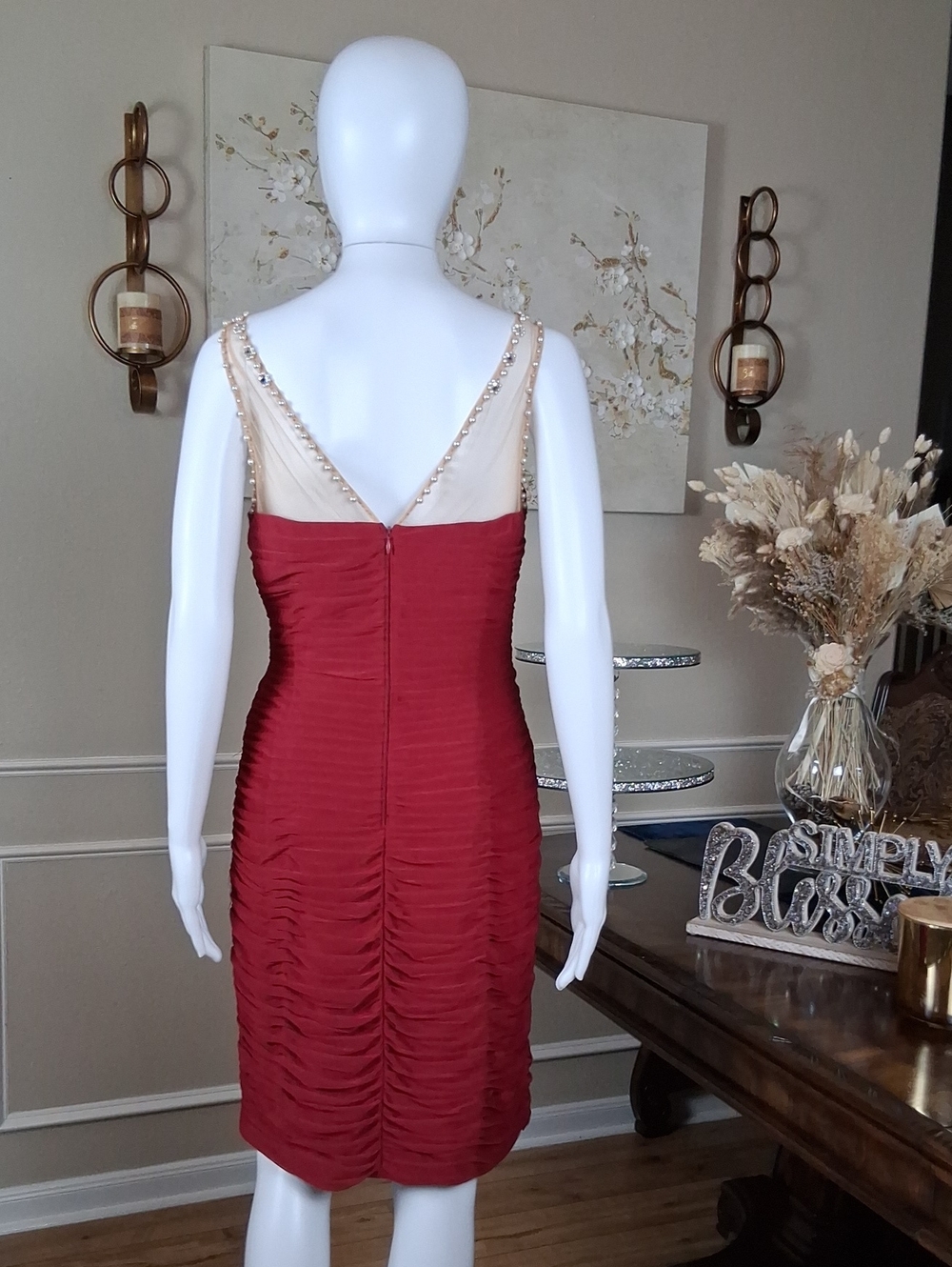 Adrianna Papell Deep Red Beaded Illusion Neck Cocktail Pleated Dress Medium - Picture 13 of 16